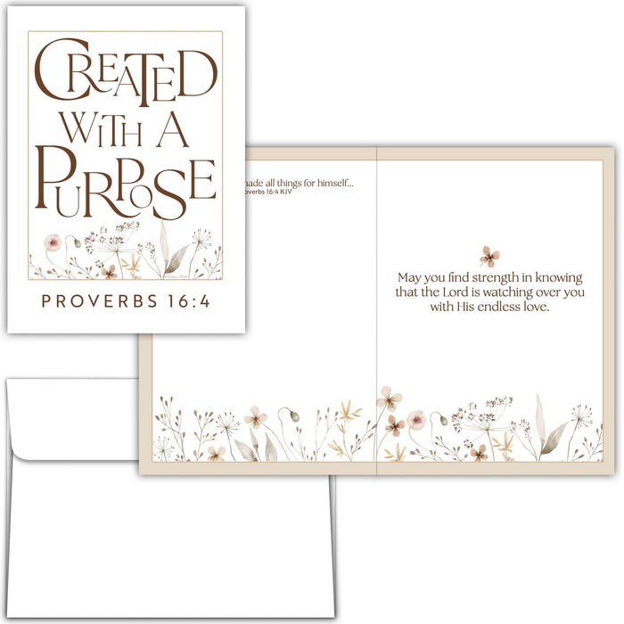 Greeting card with floral design and Proverbs 16:4 text on a white background