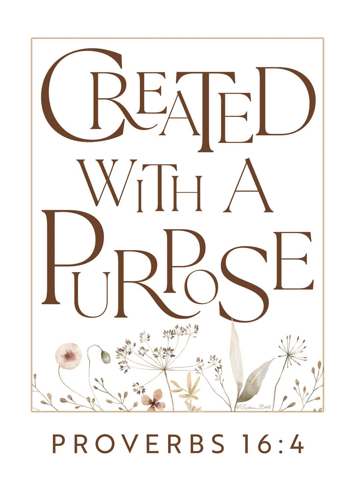 Book cover with 'Created with a Purpose' text and Proverbs 16:4 quote on a beige background