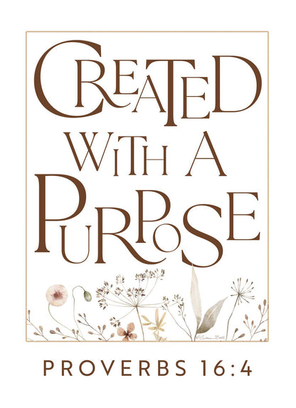 Book cover with 'Created with a Purpose' text and Proverbs 16:4 quote on a beige background