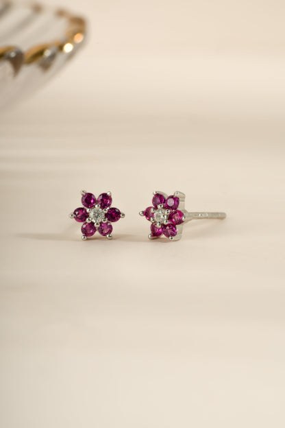 Ruby Flower Stud W/ CZ Center Stone