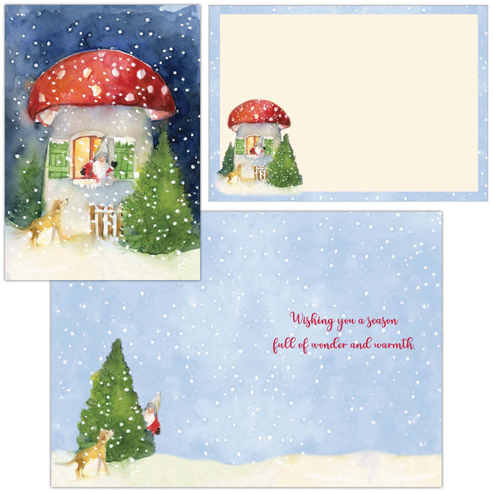 Set of Christmas cards with mushroom house and snowy landscape illustrations.