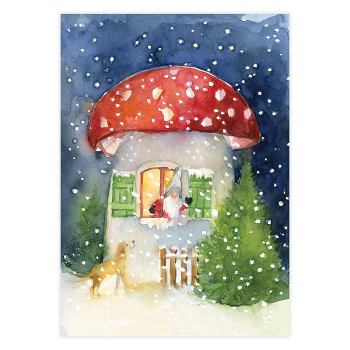 Illustration of a mushroom-shaped house with a gnome and dog in the snow.