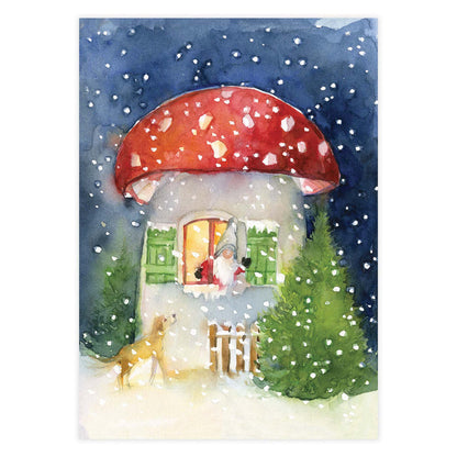 Illustration of a mushroom-shaped house with a gnome and dog in the snow.