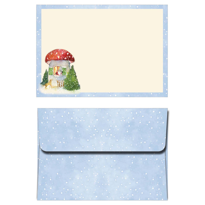 Gnome with mushroom house card and matching envelope on a white background