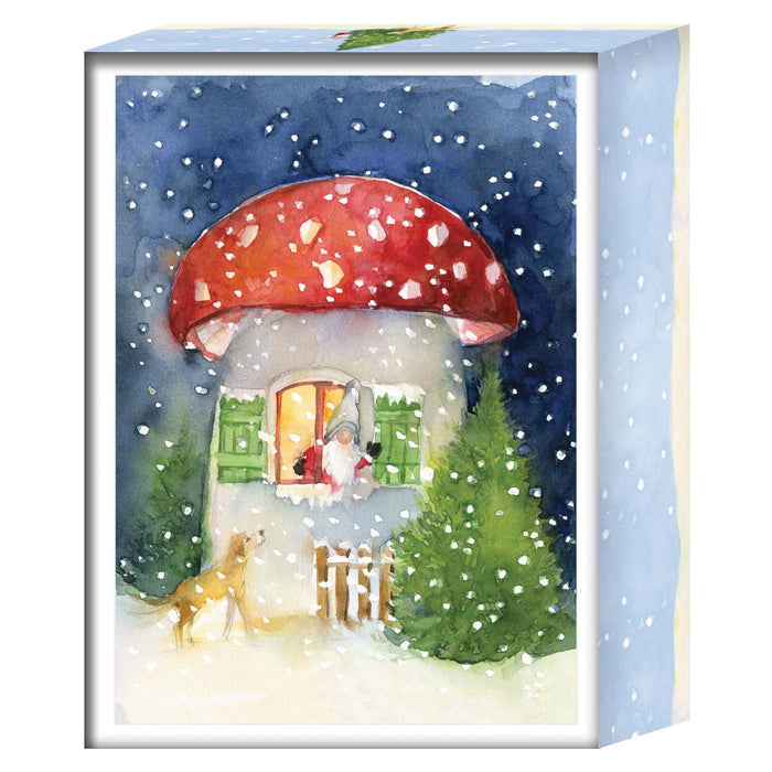 Illustration of a snowy scene with a mushroom-shaped house, Santa Claus, and a dog.