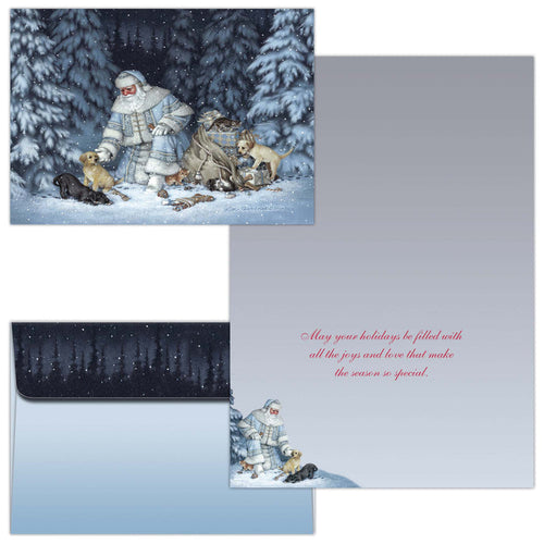 Christmas card with Santa Claus and dogs in a snowy scene, featuring a blue envelope.