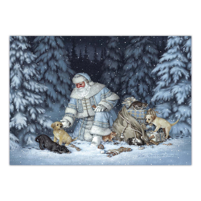 Illustration of a snowy scene with a character interacting with animals in a forest setting.