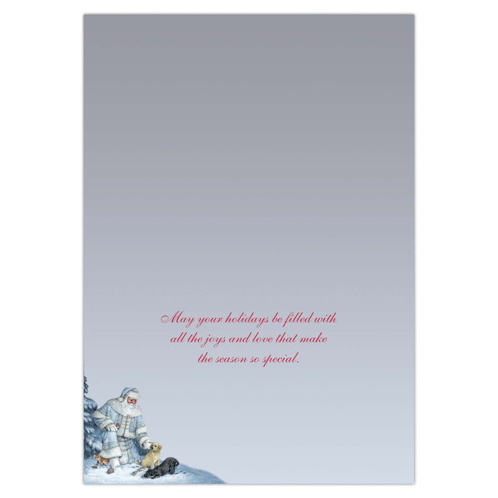 Holiday card with Santa Claus and text on a light gray background