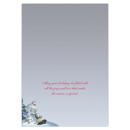 Holiday card with Santa Claus and text on a light gray background
