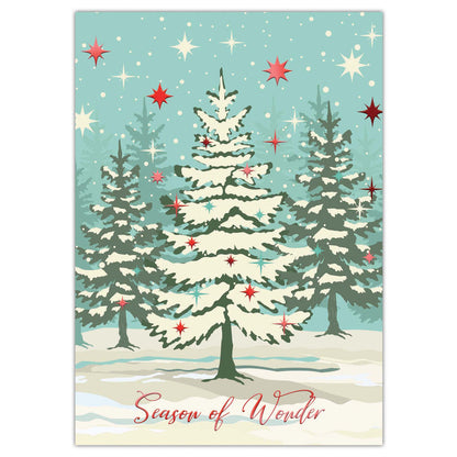Christmas card with snowy trees and 'Season of Wonder' text on a light blue background.