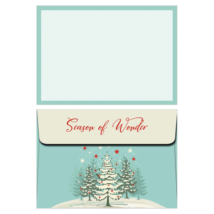 Christmas card with trees and 'Season of Wonder' text on a light blue background