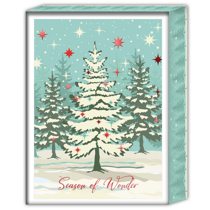 Christmas card box with snowy trees and 'Season of Wonder' text on a light blue background.