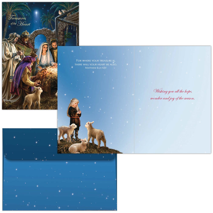 Christmas card with nativity scene and children with lambs, featuring text.