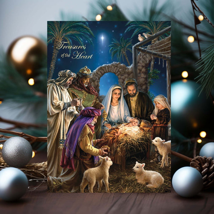 Nativity scene with three wise men and baby Jesus, surrounded by Christmas decorations.