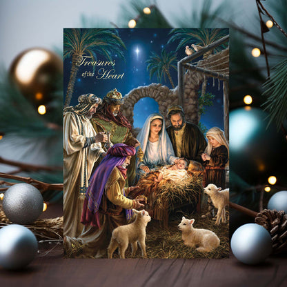 Nativity scene with three wise men and baby Jesus, surrounded by Christmas decorations.