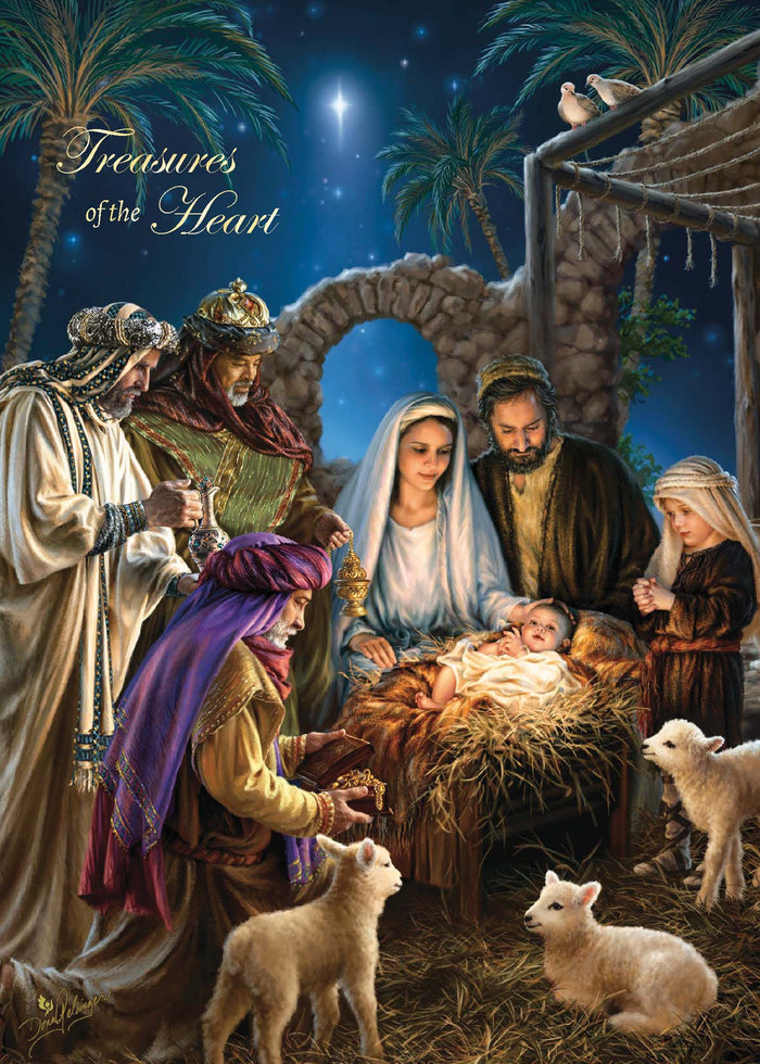 Nativity scene with three wise men and baby Jesus, surrounded by animals and palm trees under a starry night sky.