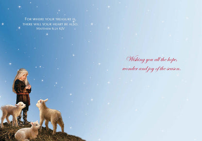 Child with sheep against a starry sky with Christmas message text