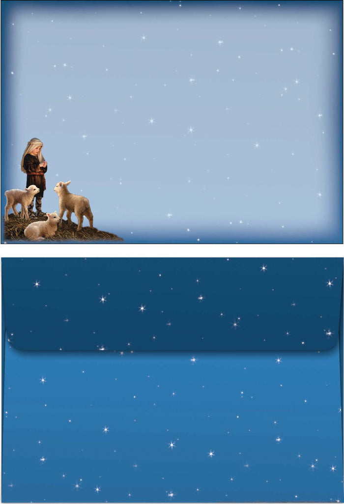 Shepherd with sheep on a blue background with star-like dots