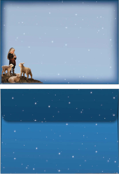 Shepherd with sheep on a blue background with star-like dots