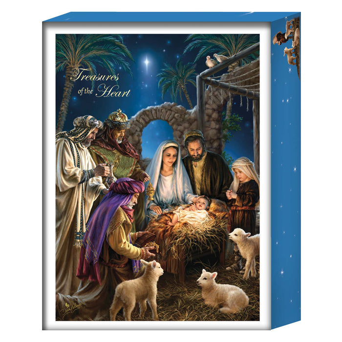 Decorative box with nativity scene illustration and 'Treasures of the Heart' text.