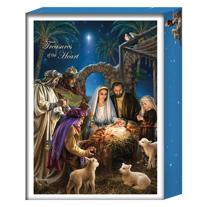 Decorative box with nativity scene illustration and 'Treasures of the Heart' text.