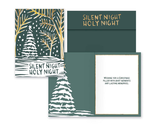 Christmas card set with 'Silent Night Holy Night' text and tree design on a white background