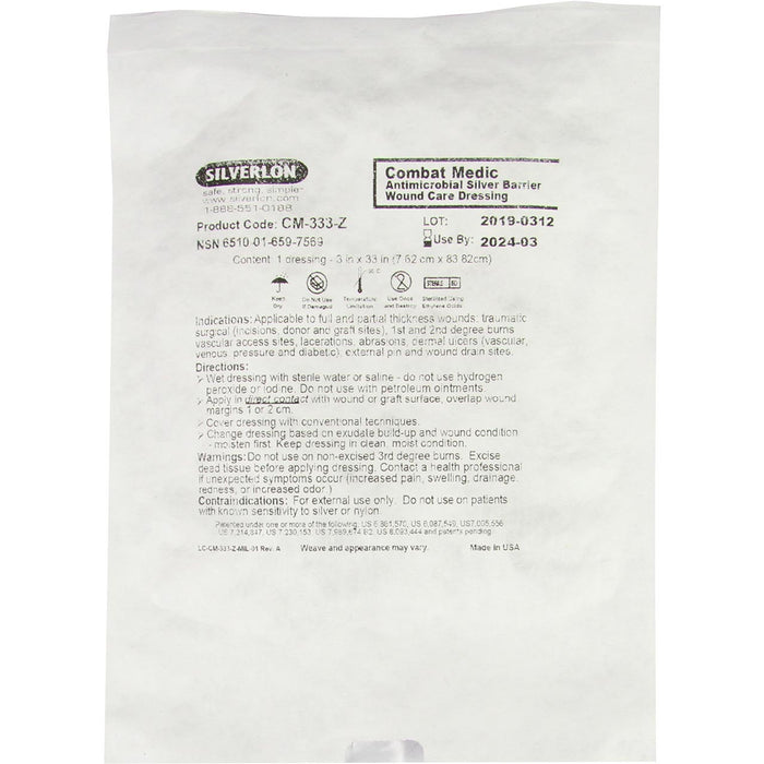 Silverlon Combat Medic Wound Care Dressing, 3" x 33"