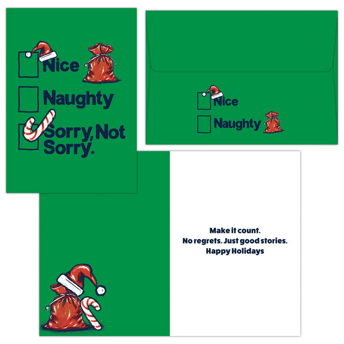 Christmas card with front, inside and envelope with Christmas-themed text and graphics on a white background