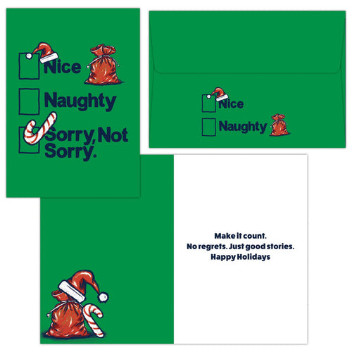 Christmas card with front, inside and envelope with Christmas-themed text and graphics on a white background