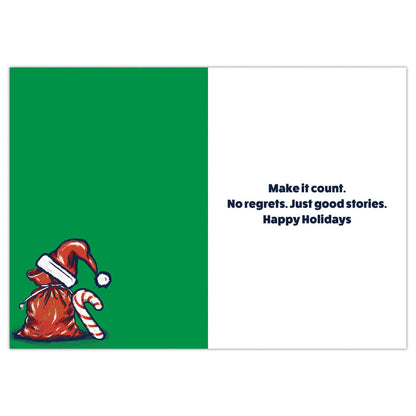 Holiday card with Santa hat and candy cane on a green background with text.
