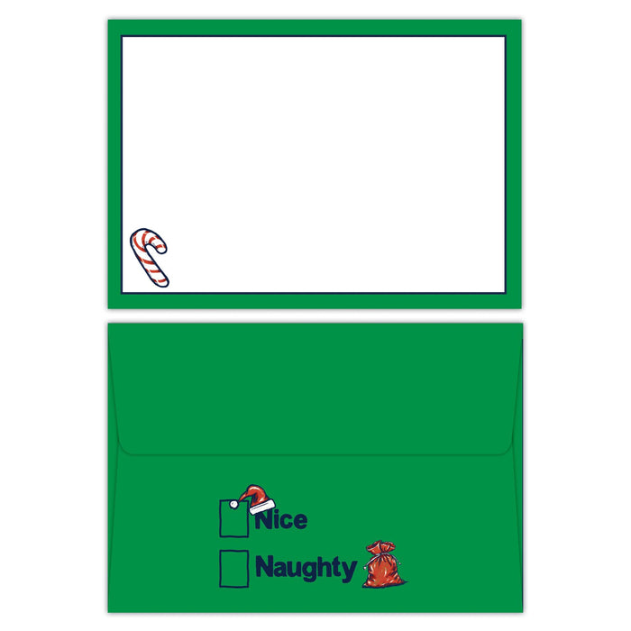 Green envelope with Christmas-themed design on a white background