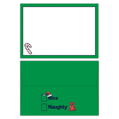 Green envelope with Christmas-themed design on a white background