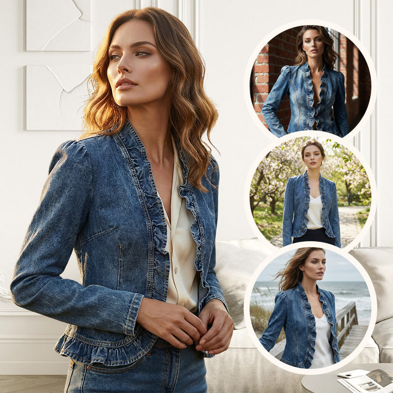 üß• LIMITED-TIME 49% OFF! ‚ú® Women's Denim Jacket ‚Äì Open-Front, Ruffle Trim, Lightweight, Classic Wash ‚ú®