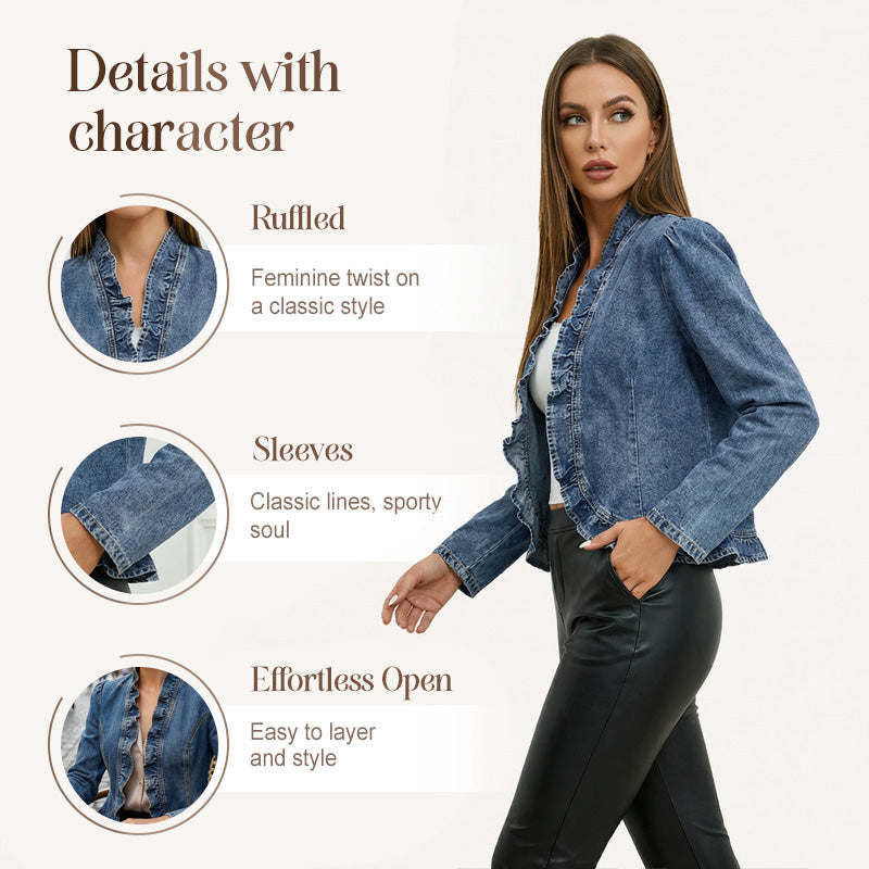 üß• LIMITED-TIME 49% OFF! ‚ú® Women's Denim Jacket ‚Äì Open-Front, Ruffle Trim, Lightweight, Classic Wash ‚ú®