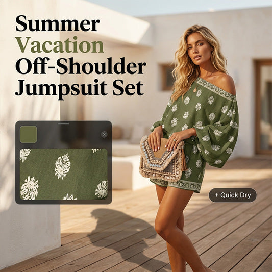 ‚ú® Bohemian Off-Shoulder Jumpsuit Set ‚Äì Vintage Print, Vacation, Relaxed ‚ú®