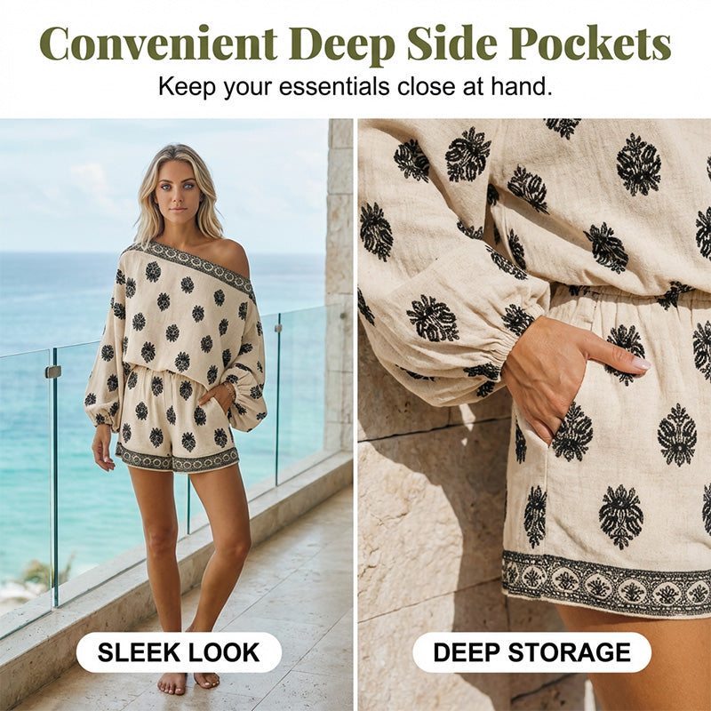 ‚ú® Bohemian Off-Shoulder Jumpsuit Set ‚Äì Vintage Print, Vacation, Relaxed ‚ú®