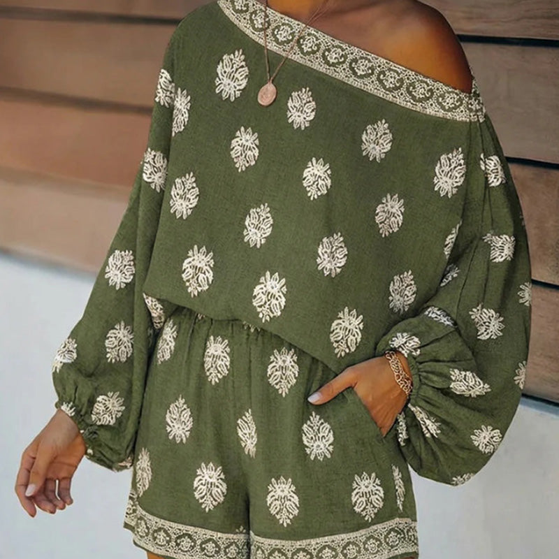 ‚ú® Bohemian Off-Shoulder Jumpsuit Set ‚Äì Vintage Print, Vacation, Relaxed ‚ú®