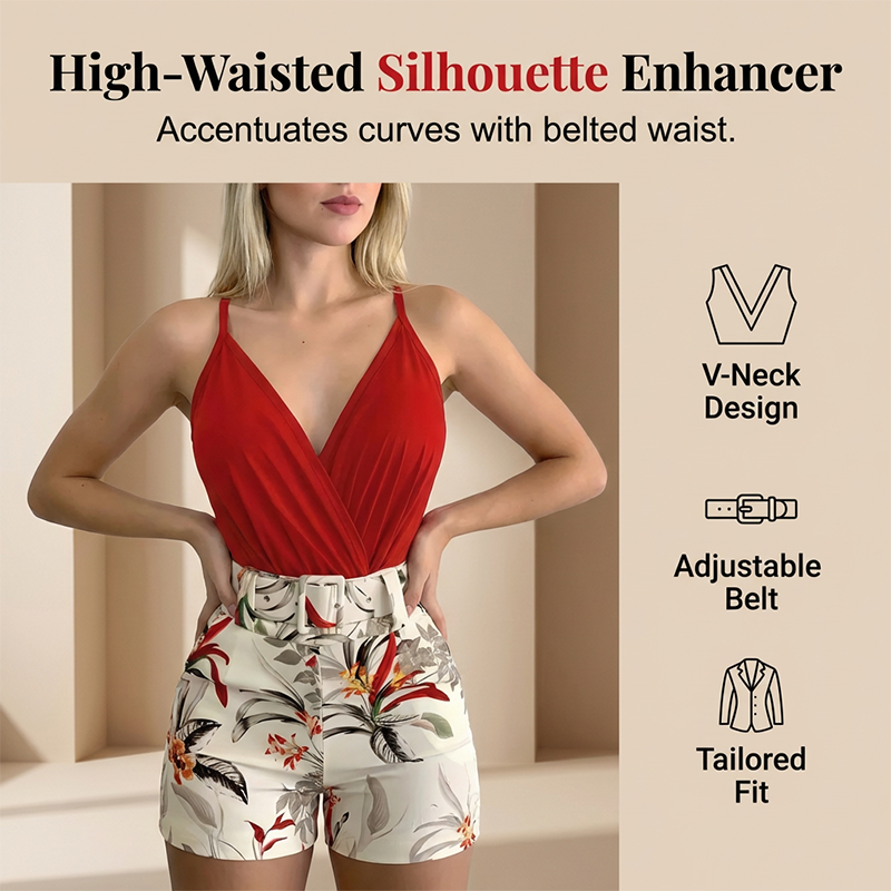 üíñ40% OFF !! ‚è∞ V-Neck & High-Waist Shorts Set ‚Äì Tropical Print, 2-Piece Vacation Outfitüåü