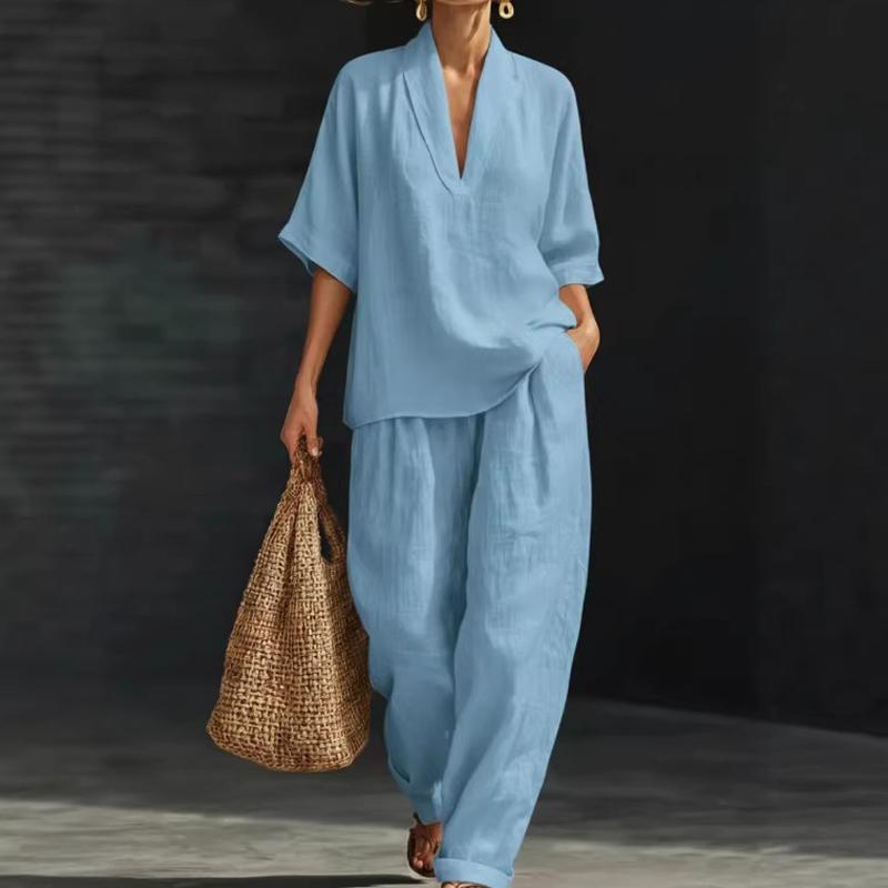 üì¢üì¢40% OFF !! ‚è∞Women's Casual V-Neck Top and Wide-Leg Trousers Setüëöüëñ