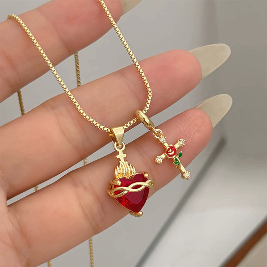 üíñSacred Heart & Rose Cross Pendant Necklace