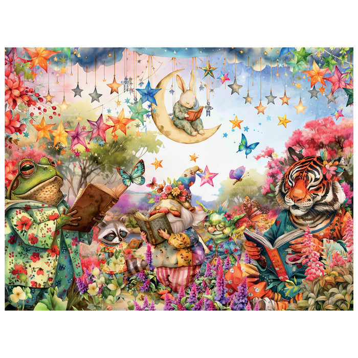 Colorful illustration of animals reading books in a fantasy setting with flowers and stars.