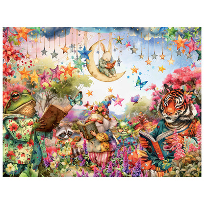 Colorful illustration of animals reading books in a fantasy setting with flowers and stars.