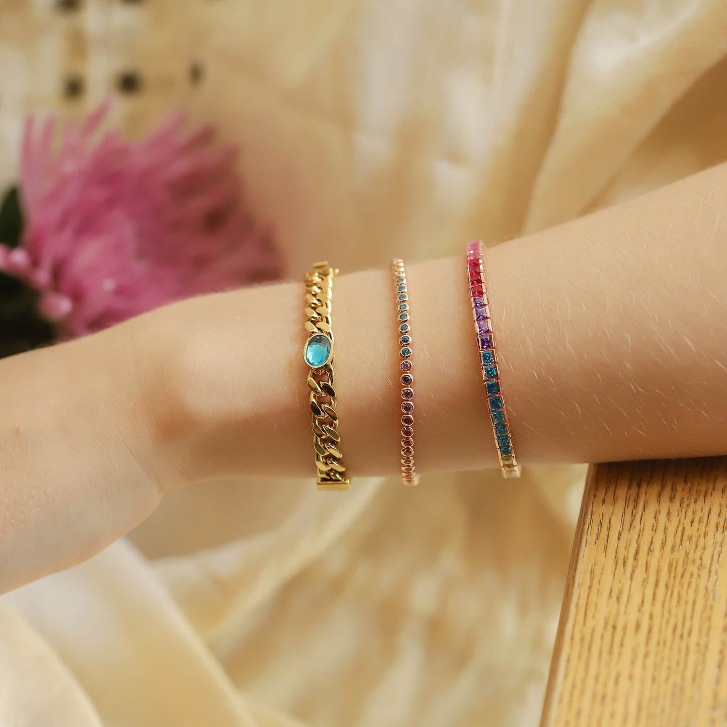 Gold Curb Chain Bracelet with Glass Stone Accents