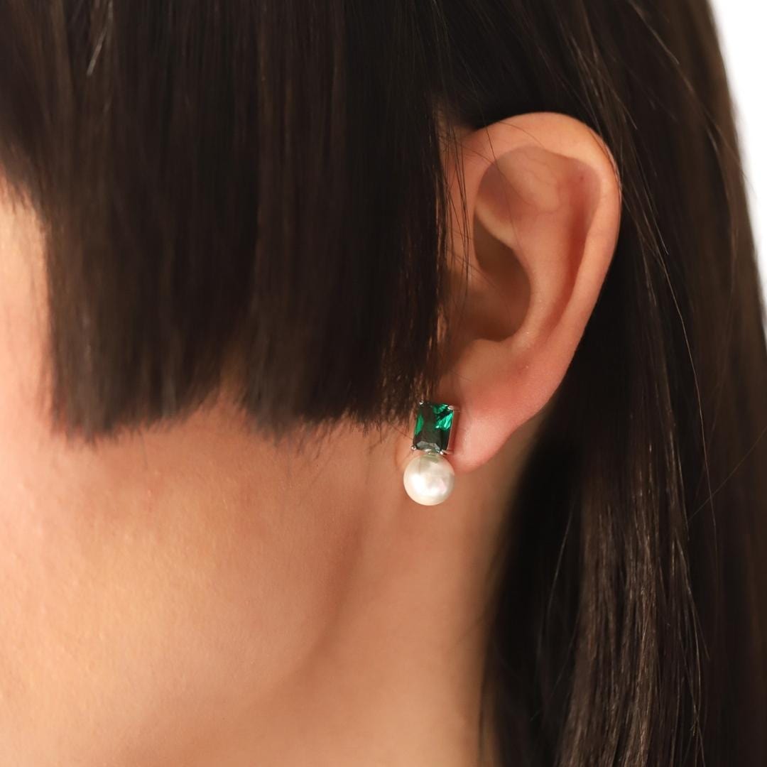 Clear Emerald Cut Glass and Pearl Drop Earrings