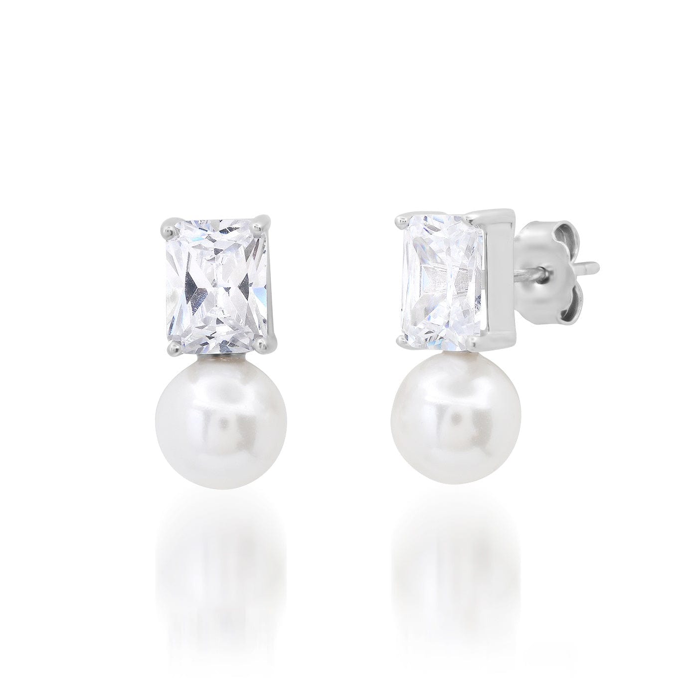 Clear Emerald Cut Glass and Pearl Drop Earrings