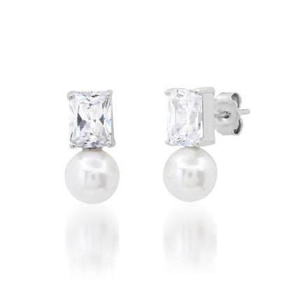 Clear Emerald Cut Glass and Pearl Drop Earrings