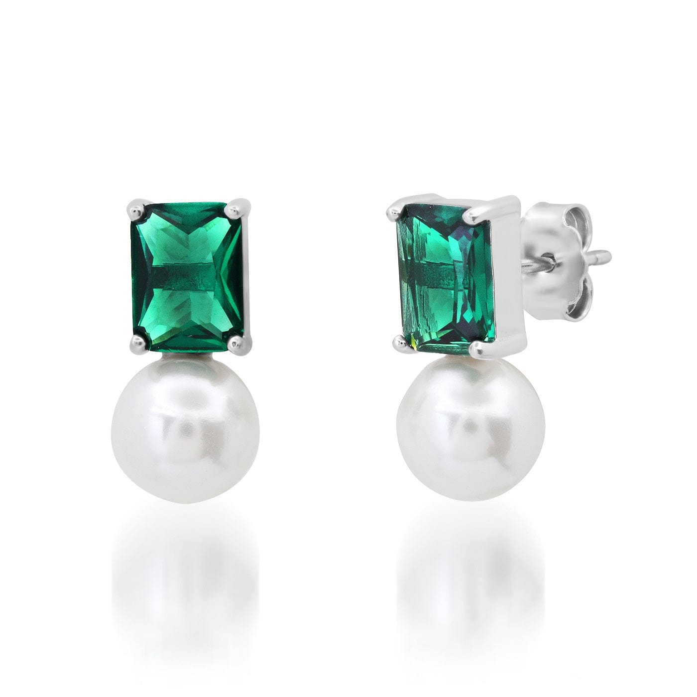 Clear Emerald Cut Glass and Pearl Drop Earrings