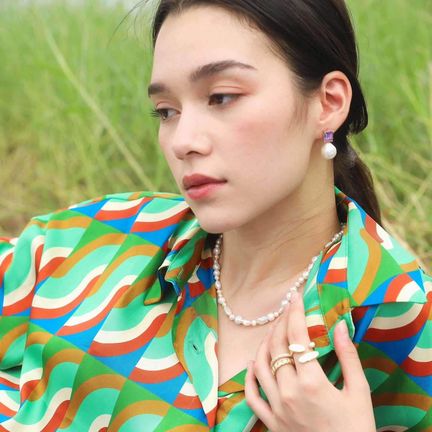 Emerald Cut Glass and Pearl Drop Earrings