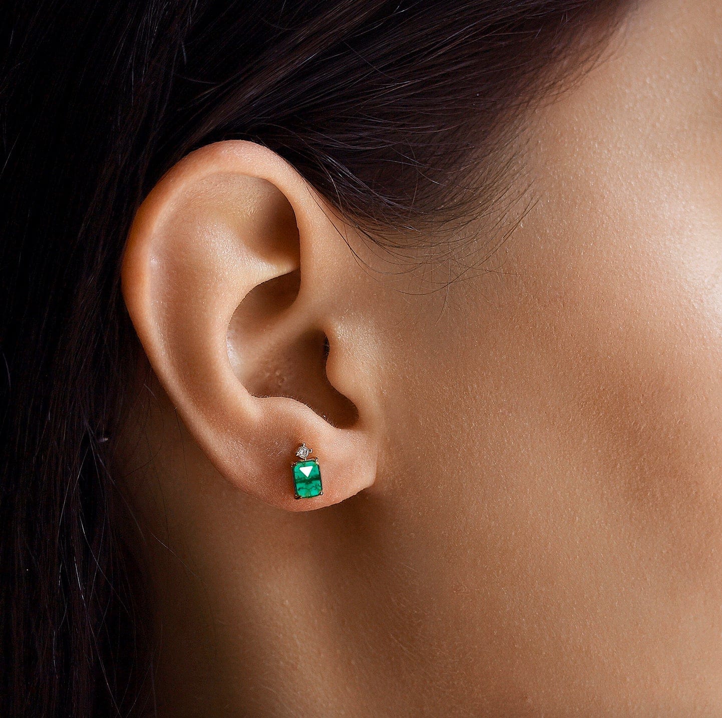 Emerald Stud Earrings with CZ Drop