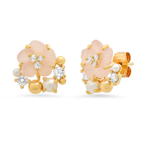 Glass Flower Stud with Pearl Accents
